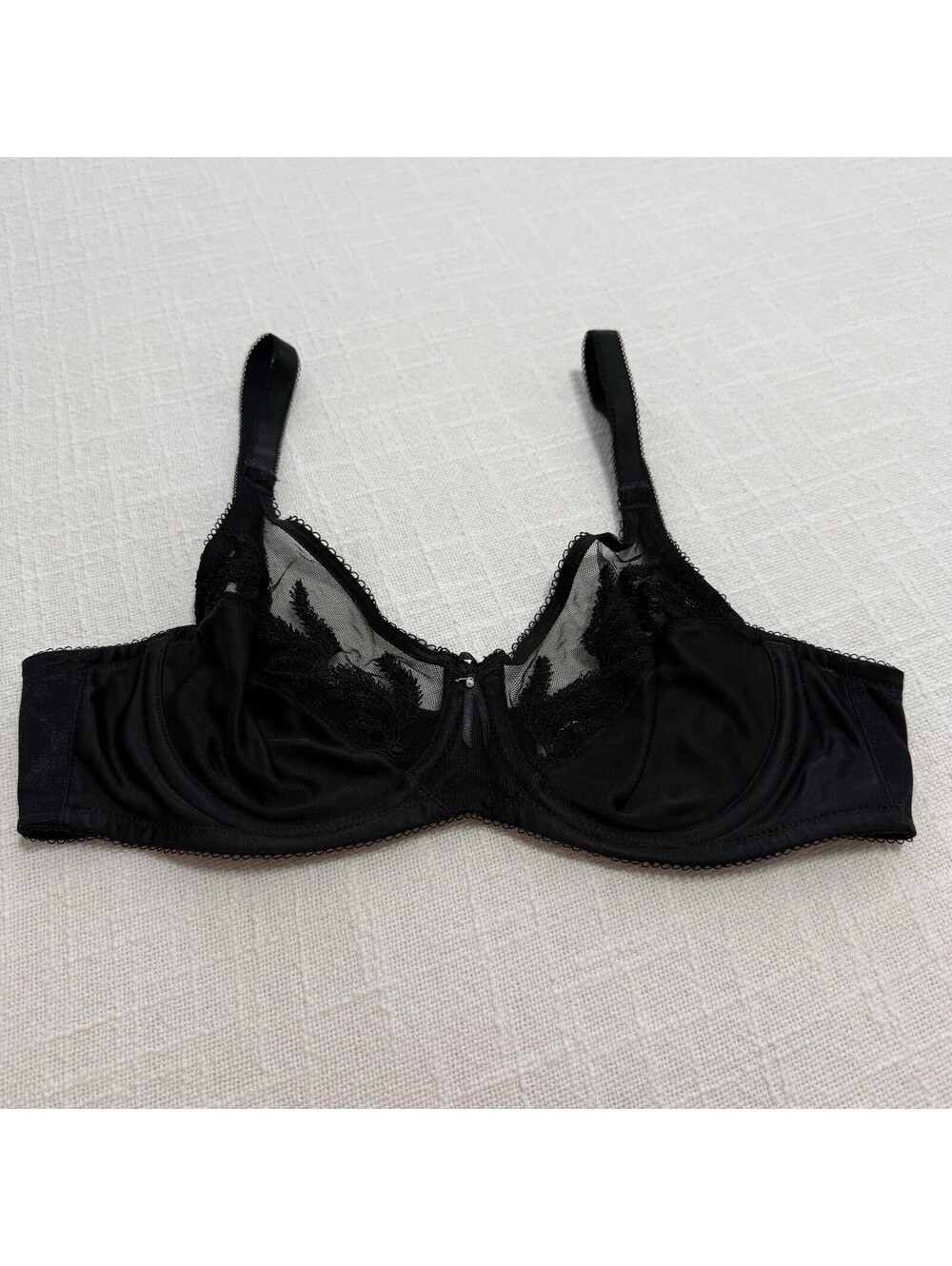 Wacoal 34B Feather Embroidery Full Figure Lace Trim Bra 85121 Black Unlined
